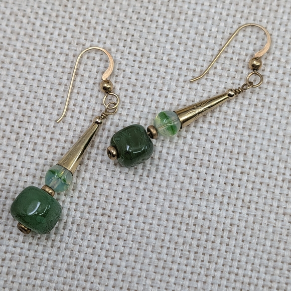 Jewelry - Vintage Handmade Green Glass Dangle Earrings | Boho Drop Style | Lightweight
